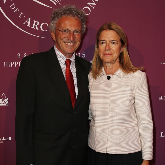 Nelson Monfort et sa femme Dominique - Soirée de lancement du Qatar Prix de l'Arc de Triomphe 2015, le Championnat du Monde des Pur-Sang à l'Arc de Triomphe à Paris, le 15 septembre 2015.