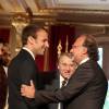 Emmanuel Macron et Olivier Dassault - Remise du Prix de l'Audace Créatrice à Jean-Claude Maillard, PDG et fondateur du groupe Figeac Aéro, au palais de l'Elysée à Paris, le 15 septembre 2015.