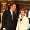 Emmanuel Macron et Laurence Parisot - Remise du Prix de l'Audace Créatrice à Jean-Claude Maillard, PDG et fondateur du groupe Figeac Aéro, au palais de l'Elysée à Paris, le 15 septembre 2015.