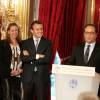 Axelle Lemaire, Emmanuel Macron et François Hollande - Remise du Prix de l'Audace Créatrice à Jean-Claude Maillard, PDG et fondateur du groupe Figeac Aéro, au palais de l'Elysée à Paris, le 15 septembre 2015.