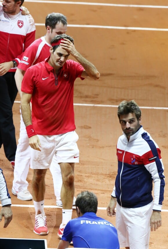 Roger Federer, Richard Gasquet et Arnaud Clément lors de la victoire de la Suisse face à la France en finale de Coupe Davis à Lille le 23 novembre 2014