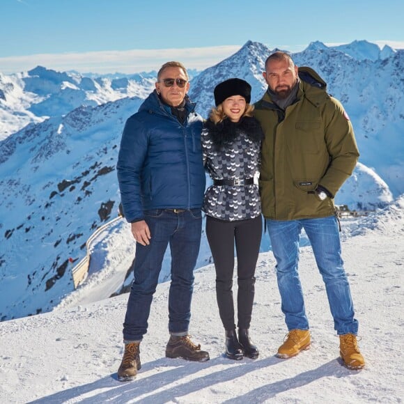 Dave Bautista, Daniel Craig et Léa Seydoux - Photocall avec les acteurs du prochain film James Bond "Spectre" à Soelden en Autriche. Le 7 janvier 2015