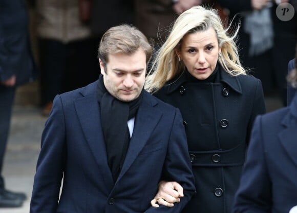 Laurence Ferrari et son mari Renaud Capuçon lors de la cérémonie religieuse à la mémoire de Jacques Chancel, en l'église Saint-Germain-des-Prés, à Paris, le 6 janvier 2015