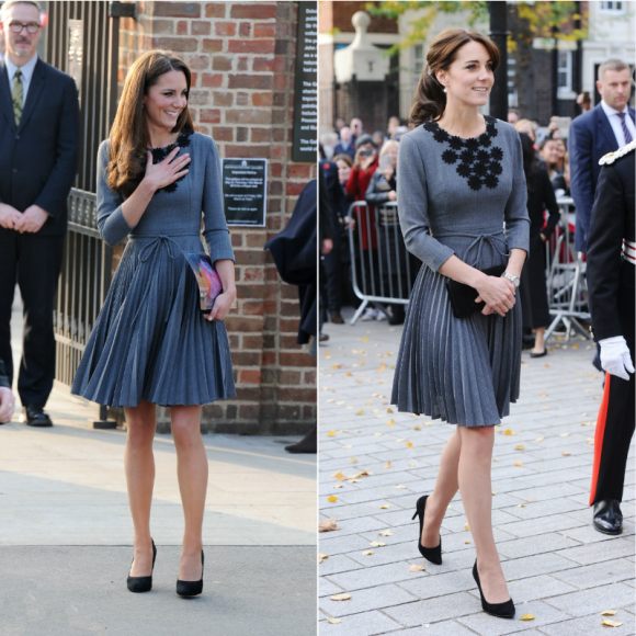 A gauche : la duchesse Catherine de Cambridge en mars 2012 à la galerie Dulwich, à Londres / à droite : le 27 octobre 2015 à Londres pour une rencontre avec l'association Chance UK.