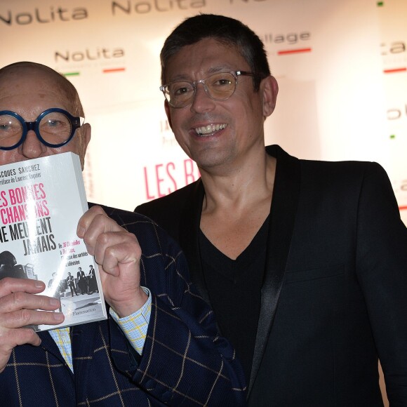 Jacques Sanchez et Jean-Pierre Coffe - Photocall pour le lancement du livre "Les bonnes chansons ne meurent jamais" de J. Sanchez au NoLita à Paris, le 4 novembre 2015. © Veeren/Bestimage