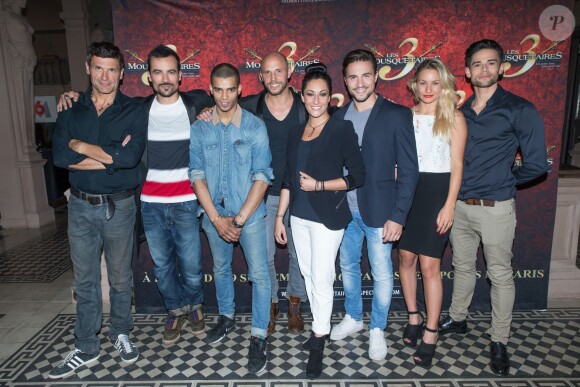 Exclusif - Christophe Héraut, Damien Sargue, Brahim Zaibat, David Bàn, Victoria Petrosillo, Olivier Dion, Megan Lanquar et Golan Yosef. Conférence de presse de présentation du spectacle musical Les 3 Mousquetaires au Trianon à Paris, le 10 juin 2015.