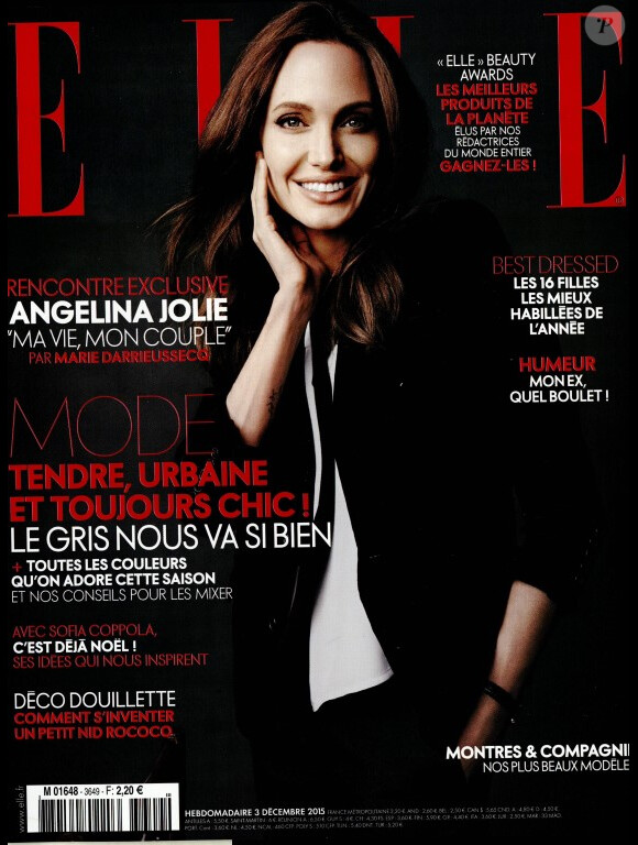 Angelina Jolie en couverture du magazine Elle du 3 décembre 2015
