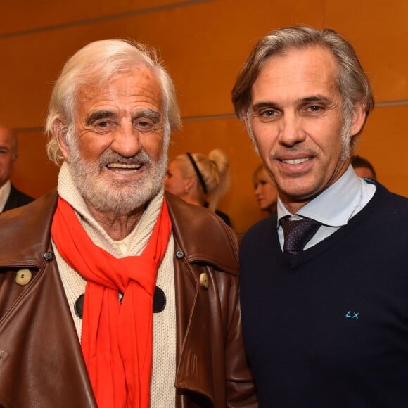 Exclusif - Jean-Paul Belmondo et son fils Paul Belmondo, lors de l'avant-première mondiale du documentaire Belmondo par Belmondo au Grimaldi Forum à Monaco, le 11 décembre 2015. © Bruno Bébert