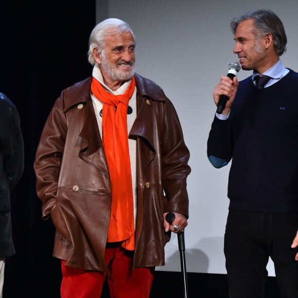 Exclusif - Jean-Paul Belmondo et son fils Paul Belmondo, lors de l'avant-première mondiale du documentaire Belmondo par Belmondo au Grimaldi Forum à Monaco, le 11 décembre 2015. © Bruno Bébert