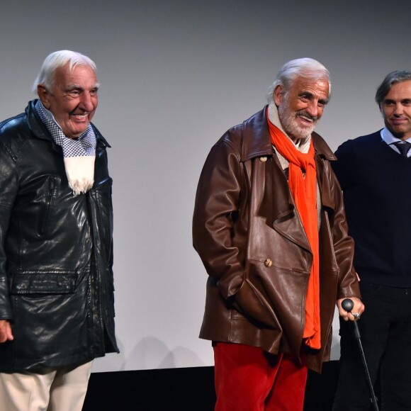 Exclusif - Charles Gérard, Jean-Paul Belmondo et son fils Paul, lors de l'avant-première mondiale du documentaire Belmondo par Belmondo au Grimaldi Forum à Monaco, le 11 décembre 2015. © Bruno Bébert