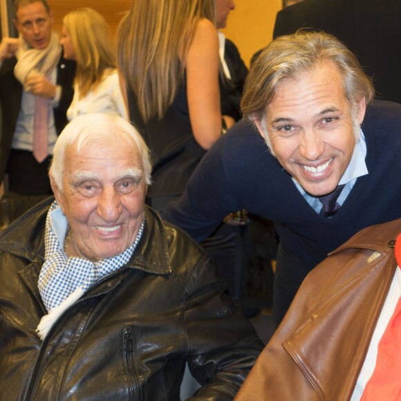 Exclusif - Jean-Paul Belmondo, son fils Paul Belmondo et Charles Gérard, lors de l'avant-première mondiale du documentaire Belmondo par Belmondo au Grimaldi Forum à Monaco, le 11 décembre 2015. © Bruno Bébert