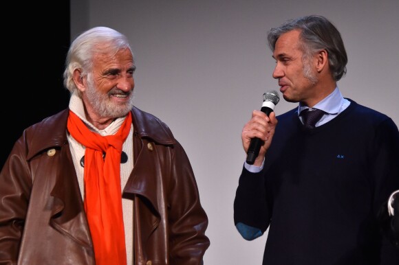 Exclusif - Jean-Paul Belmondo et son fils Paul Belmondo lors de l'avant-première mondiale du documentaire "Belmondo par Belmondo" au Grimaldi Forum à Monaco, le 11 décembre 2015.