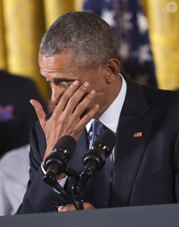 Barack Obama, en larmes, à la Maison Blanche le 5 janvier 2016 lors d'un discours sur le contrôle des armes à feu
