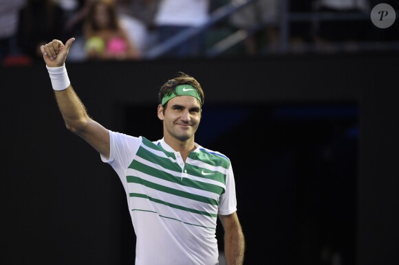 Roger Federer lors de sa victoire au premier tour de l'Opend 'Australie au Melbourne Park de Melbourne, le 18 janvier 2016