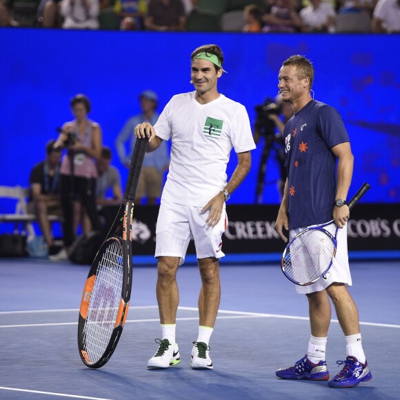 Roger Federer of Switzerland and Lleyton Hewitt of Australia attending the Kid's day during the Australian Open 2016 at Melbourne Park in Melbourne, Australia on January 16, 2016. Photo by Corinne Dubreuil/ABACAPRESS.COM17/01/2016 - Melbourne