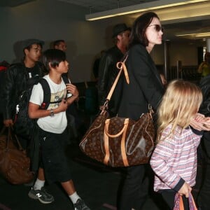 Brad Pitt, sa femme Angelina Jolie et leurs enfants Maddox, Pax, Zahara, Shiloh, Vivienne et Knox prennent l'avion à l'aéroport de Los Angeles, le 6 juin 2015.