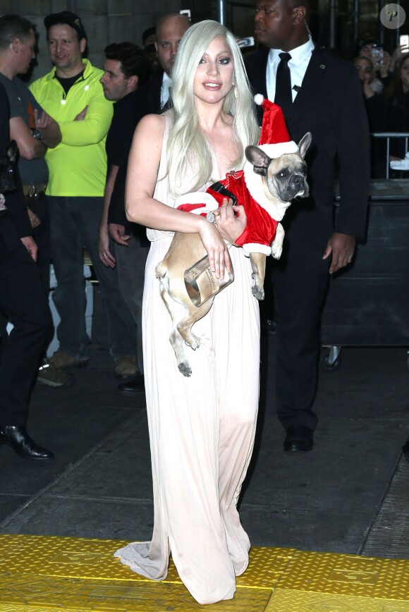 Lady Gaga arrive à une soirée à New York avec un chien déguisé en père noël le 11 décembre 2015.