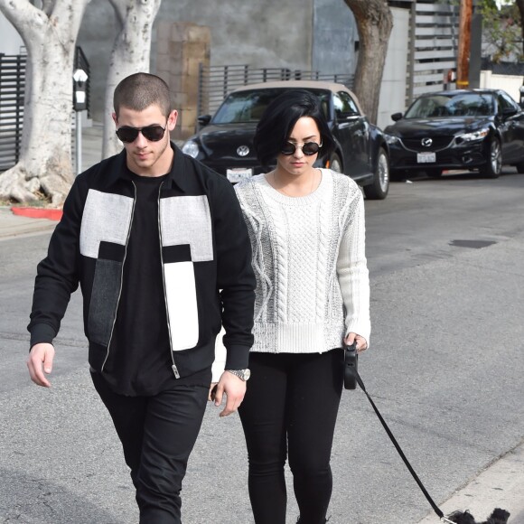 Demi Lovato promène son chien dans les rues de West Hollywood en compagnie de Nick Jonas. Les deux chanteurs seront prochainement sur scène avec leur tournée "Future Now Tour", qui débutera en juin en Floride. Le 27 janvier 2016