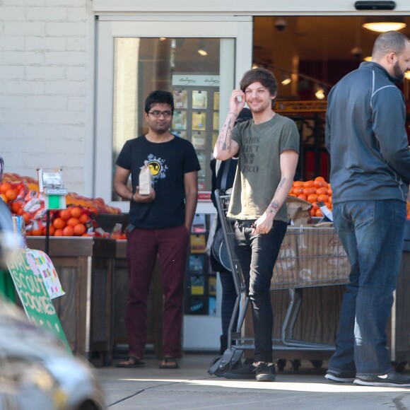 Louis Tomlinson de One Direction participe a une distribution de vivres pour une oeuvre de charité et pose avec ses fans à Los Angeles le 21 février 2016.