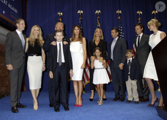 Donald Trump, Donald Trump Jr., Barron Trump, Melania Trump, Ivanka Trump - Donald Trump se déclare candidat à l'investiture républicaine pour la présidentielle de 2016 lors d'une conférence à New York, le 16 juin 2015.