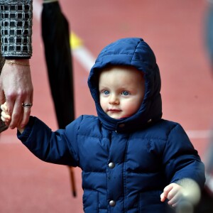 La princesse Charlene de Monaco assiste, en compagnie de son fils le prince héritier Jacques, au 6ème "Tournoi Sainte Dévote" de Rugby, le samedi 27 février 2016, au Stade Louis II à Monaco. © Bruno Bebert / Bestimage