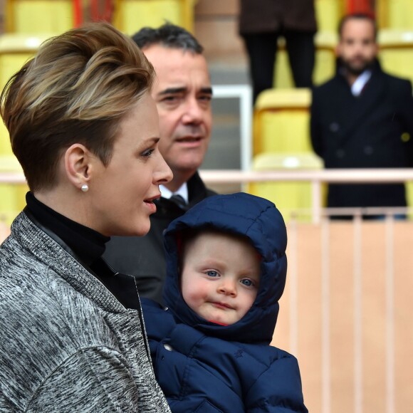 La princesse Charlene de Monaco assiste, en compagnie de son fils le prince héritier Jacques, au 6ème "Tournoi Sainte Dévote" de Rugby, le samedi 27 février 2016, au Stade Louis II à Monaco. © Bruno Bebert / Bestimage