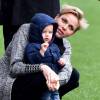 La princesse Charlene de Monaco assiste, en compagnie de son fils le prince héritier Jacques, au 6ème "Tournoi Sainte Dévote" de Rugby, le samedi 27 février 2016, au Stade Louis II à Monaco. © Bruno Bebert / Bestimage
