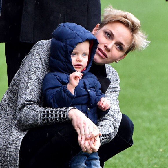 La princesse Charlene de Monaco assiste, en compagnie de son fils le prince héritier Jacques, au 6ème "Tournoi Sainte Dévote" de Rugby, le samedi 27 février 2016, au Stade Louis II à Monaco. © Bruno Bebert / Bestimage