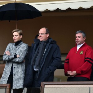 La princesse Charlene de Monaco assiste, en compagnie de son fils le prince héritier Jacques, au 6ème "Tournoi Sainte Dévote" de Rugby, le samedi 27 février 2016, au Stade Louis II à Monaco. © Bruno Bebert / Bestimage