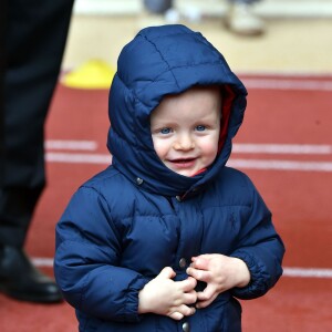 La princesse Charlene de Monaco assiste, en compagnie de son fils le prince héritier Jacques, au 6ème "Tournoi Sainte Dévote" de Rugby, le samedi 27 février 2016, au Stade Louis II à Monaco. © Bruno Bebert / Bestimage