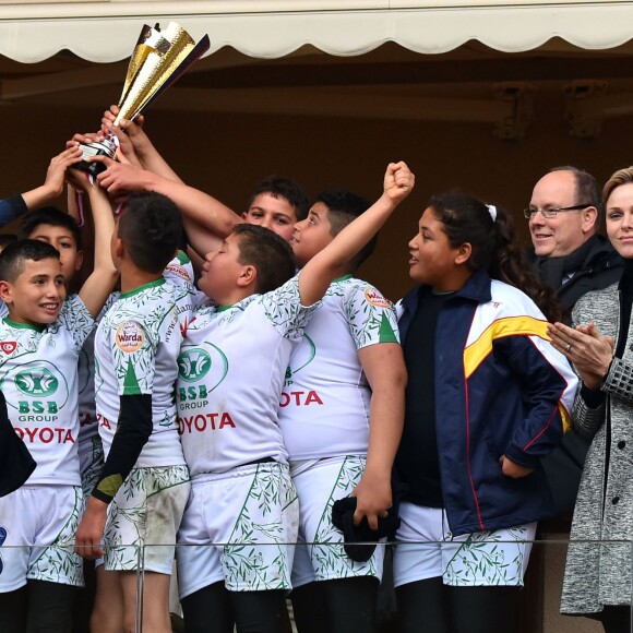 La princesse Charlene de Monaco assiste, en compagnie de son fils le prince héritier Jacques, au 6ème "Tournoi Sainte Dévote" de Rugby, le samedi 27 février 2016, au Stade Louis II à Monaco. © Bruno Bebert / Bestimage