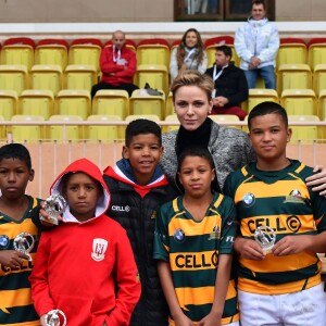 La princesse Charlene de Monaco assiste, en compagnie de son fils le prince héritier Jacques, au 6ème "Tournoi Sainte Dévote" de Rugby, le samedi 27 février 2016, au Stade Louis II à Monaco. © Bruno Bebert / Bestimage