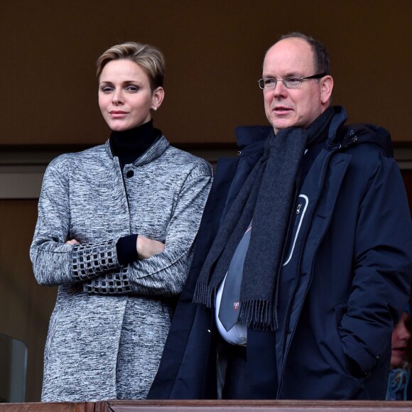 La princesse Charlene de Monaco assiste, en compagnie de son fils le prince héritier Jacques, au 6ème "Tournoi Sainte Dévote" de Rugby, le samedi 27 février 2016, au Stade Louis II à Monaco. © Bruno Bebert / Bestimage