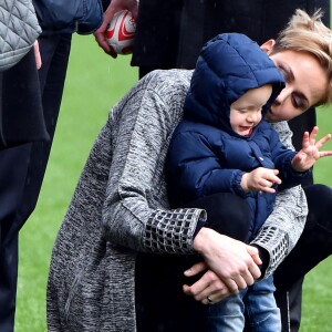 La princesse Charlene de Monaco assiste, en compagnie de son fils le prince héritier Jacques, au 6ème "Tournoi Sainte Dévote" de Rugby, le samedi 27 février 2016, au Stade Louis II à Monaco. © Bruno Bebert / Bestimage