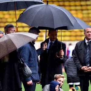 La princesse Charlene de Monaco assiste, en compagnie de son fils le prince héritier Jacques, au 6ème "Tournoi Sainte Dévote" de Rugby, le samedi 27 février 2016, au Stade Louis II à Monaco. © Bruno Bebert / Bestimage