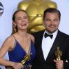 Brie Larson (Oscar de la meilleure actrice pour le film "Room") et Leonardo DiCaprio (Oscar du meilleur acteur pour le film "The Revenant") - Press Room de la 88ème cérémonie des Oscars à Hollywood, le 28 février 2016.