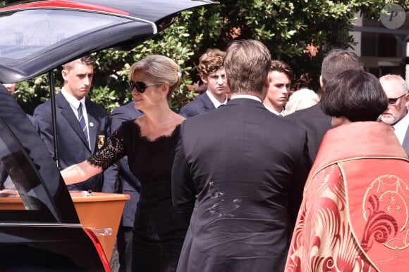 Lorraine Downes (veuve) - Russell Crowe aux obsèques de son cousin Martin Crowe, décédé à l'âge de 53 ans, à Auckland en Nouvelle-Zélande, le 11 mars 2016.