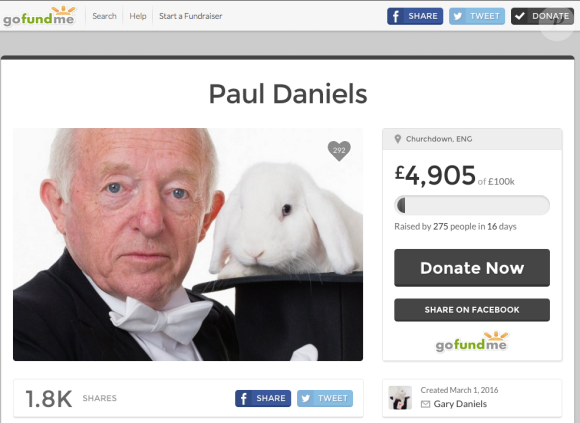 Paul Daniels, capture d'écran de la page Go Fund Me ouverte en mars 2016 par son fils Gary. Le magicien britannique est mort à 77 ans, emporté par une tumeur cérébrale, le 17 mars 2016.