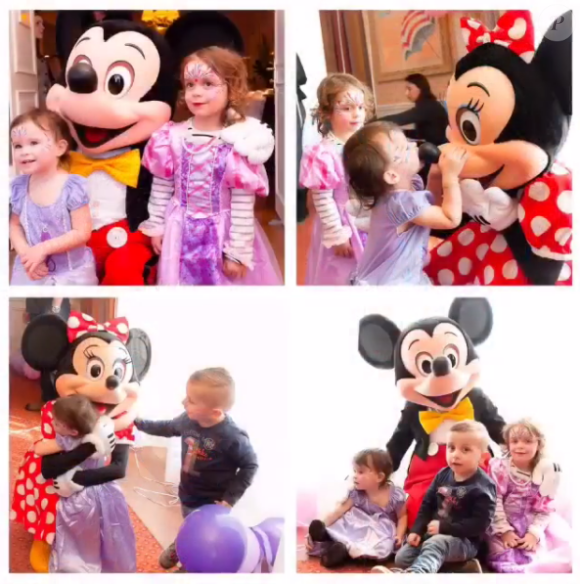 Jade Foret, ses enfants, Liva (3 ans), Mila (2 ans) et Nolan (2 mois) à Disneyland Paris pour l'anniversaire de Mila. Mars 2016.
