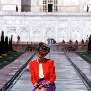 La princesse Diana posant devant le Taj Mahal le 13 février 1992 en clôture d'une visite officielle avec le prince Charles. En avril 2016, son fils le prince William et la duchesse Catherine de Cambridge y viendront pour la première fois...