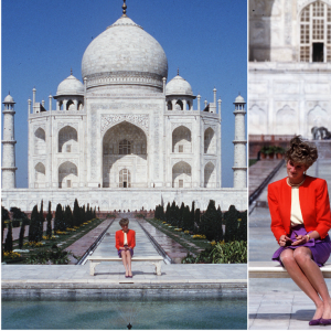 La princesse Diana (Lady Di) posant devant le Taj Mahal le 13 février 1992, en conclusion de sa visite officielle en Inde avec le prince Charles. Le 16 avril 2016, le prince William et Kate Middleton s'y rendront pour la première fois.