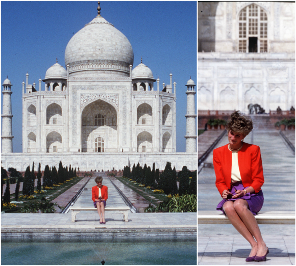 La princesse Diana (Lady Di) posant devant le Taj Mahal le 13 février 1992, en conclusion de sa visite officielle en Inde avec le prince Charles. Le 16 avril 2016, le prince William et Kate Middleton s'y rendront pour la première fois.