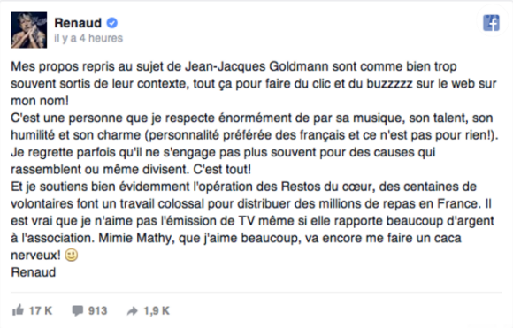 Renaud tient à s'expliquer sur ses propos contre Les Enfoirés et Jean-Jacques Goldman