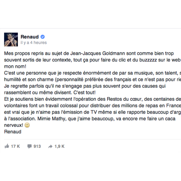 Renaud tient à s'expliquer sur ses propos contre Les Enfoirés et Jean-Jacques Goldman