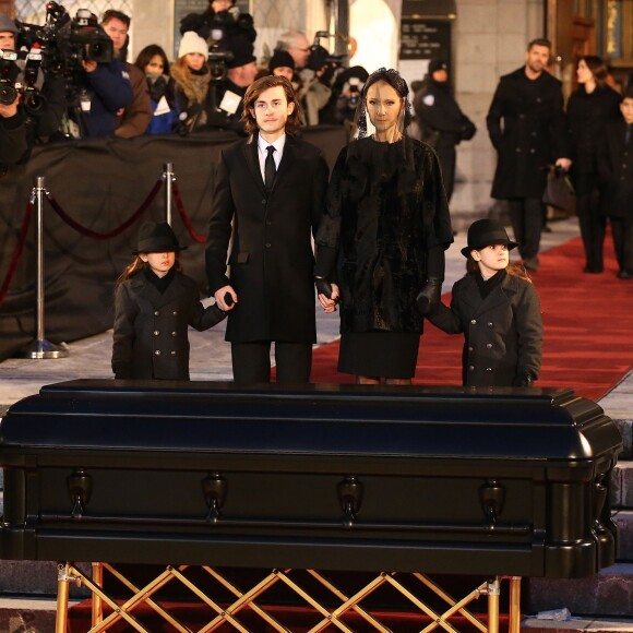 Céline Dion, ses enfants René-Charles Angélil, les jumeaux Nelson Angélil et Eddy Angélil aux obsèques nationales de René Angélil en la Basi­lique Notre-Dame de Montréal, le 22 janvier 2016.© Morgan Dessales/Bestimage