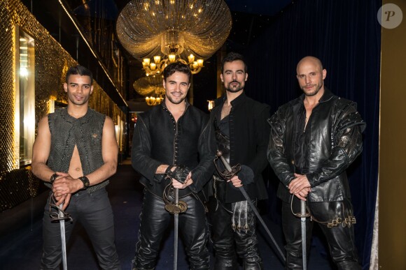 Exclusif - Brahim Zaibat, Olivier Dion, Damien Sargue et David Ban de la comédie musicale "Les Trois Mousquetaires" - Backstage de l'enregistrement de l'émission "Tous au Lido pour le Sidaction", qui sera diffusée le 2 avril sur France 2, à Paris. Le 21 mars 2016 © Moreau-Jacovides / Bestimage