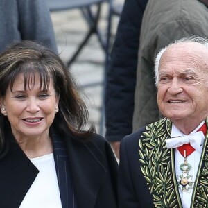 Yves Pouliquen, Anne Sinclair, son compagnon Pierre Nora et Dany Laferrière lors des obsèques nationales d'Alain Decaux à l'Hôtel national des Invalides le 4 avril 2016, à Paris. © Cyril Moreau/Bestimage