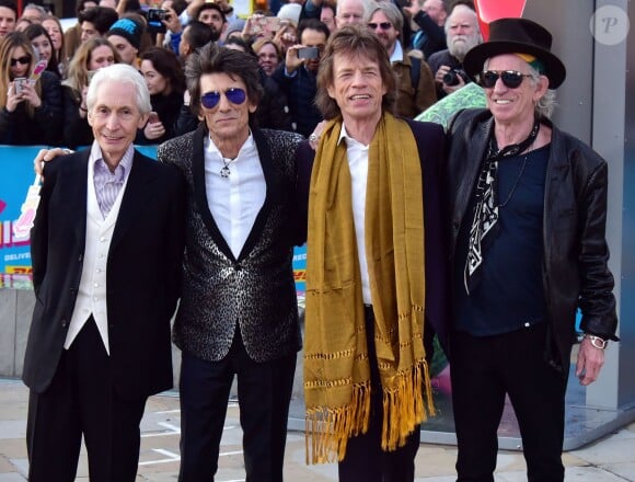 Charlie Watts, Ronnie Wood, Mick Jagger, Keith Richards au vernissage de l'exposition "Exhibitionism" consacrée aux Rolling Stones à la Saatchi Gallery de Londres, le 4 avril 2016. © Nils Jorgensen/i-Images/Zuma Press/Bestimage
