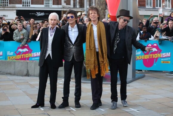Charlie Watts, Ronnie Wood, Mick Jagger, Keith Richards au vernissage de l'exposition "Exhibitionism" consacrée aux Rolling Stones à la Saatchi Gallery de Londres, le 4 avril 2016.