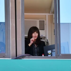 Nolwenn Leroy en cabine des commentateurs où officiait son compagnon Arnaud Clément lors des demi-finales du Monte-Carlo Rolex Masters, le 16 avril 2016 au Monte-Carlo Country Club à Roquebrune-Cap-Martin © Bruno Bebert / Bestimage